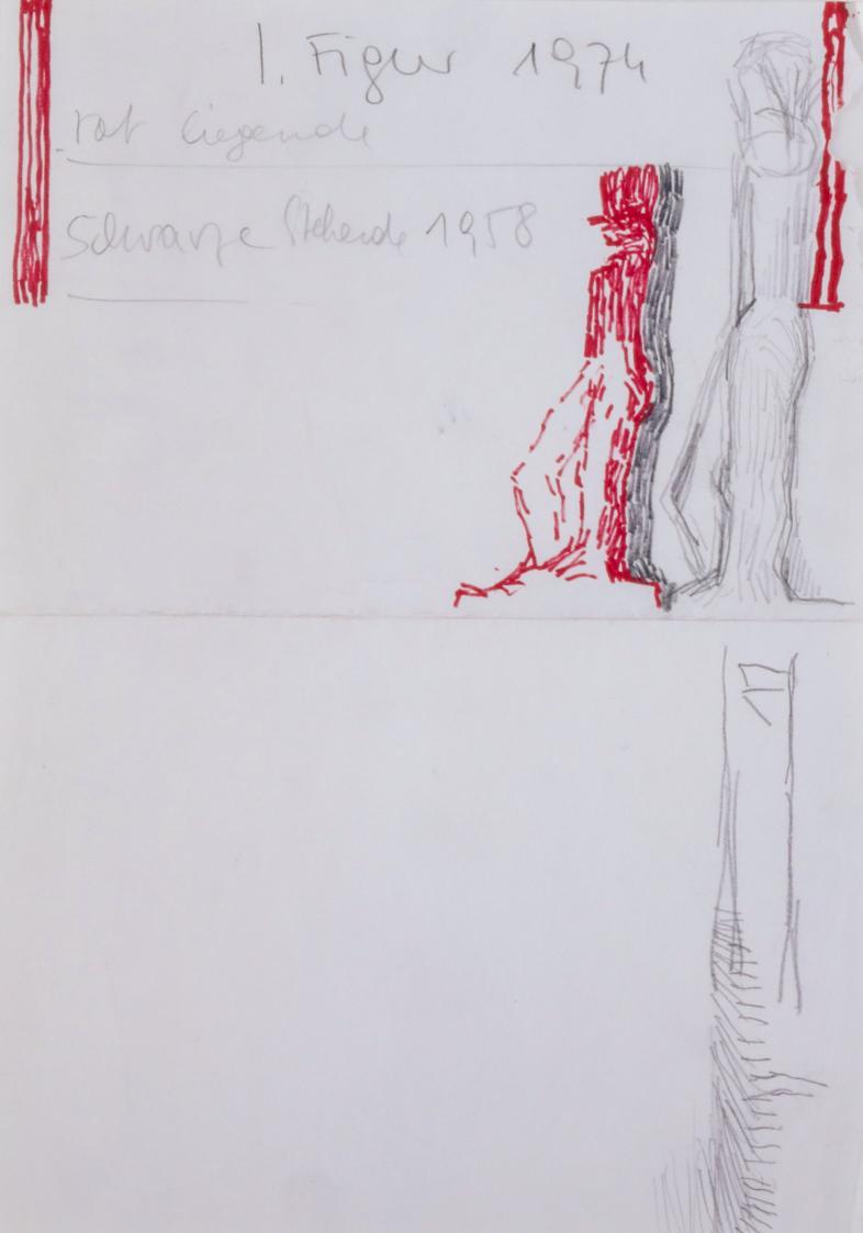 Fritz Wotruba, Figur, 1974, Bleistift, Filzstift (rot) auf Papier
, Blattmaße: 29,1 × 21 cm, B ...