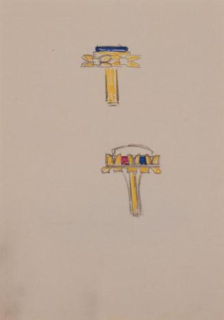 Fritz Wotruba, Entwürfe für Fingerringe, 1961–1965, Bleistift,  roter, gelber und blauer Filzst ...