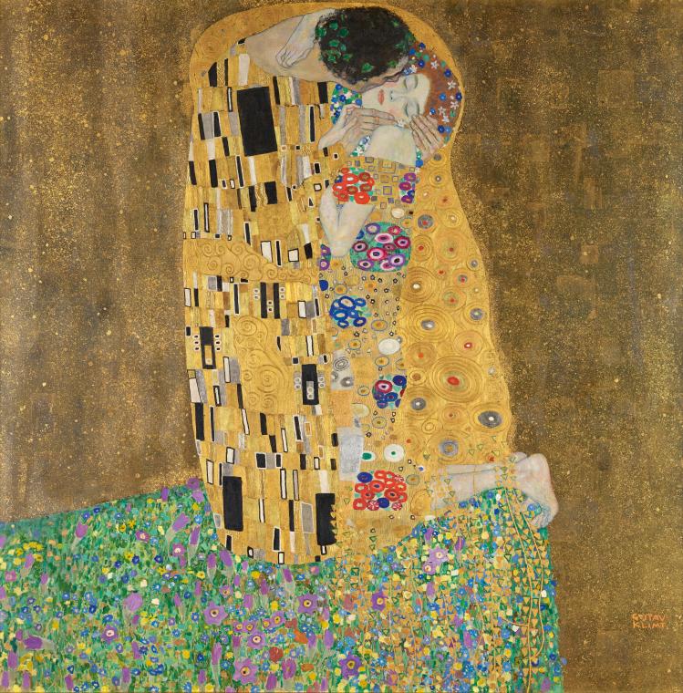 Gustav Klimt, Der Kuss (Liebespaar), 1908 (vollendet 1909), Figuraler Bereich: Blattgold, Blatt ...