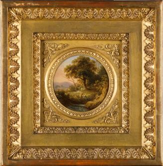 Unbekannter Künstler, Baumlandschaft mit figürlicher Staffage, um 1820, Öl auf Karton, 8 cm, Be ...