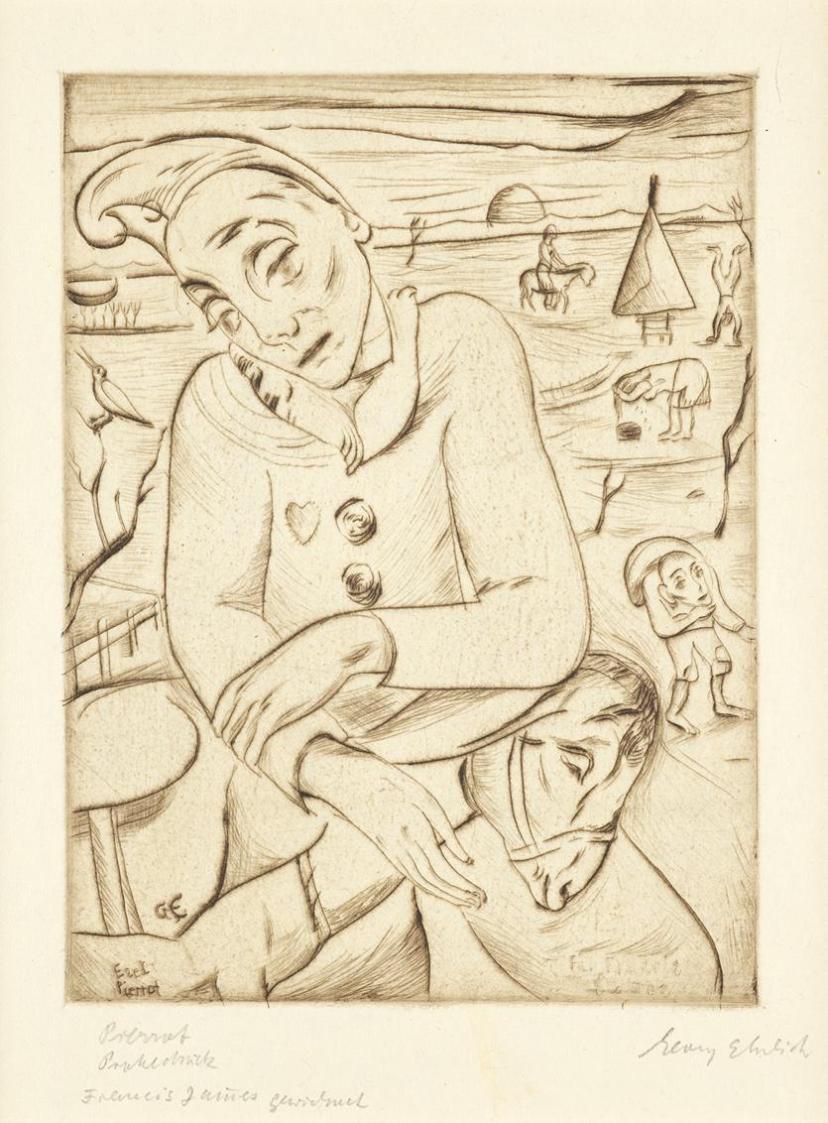 Georg Ehrlich, Pierrot, um 1924, Kaltnadelradierung, 18 x 13 cm, Belvedere, Wien, Inv.-Nr. 8269