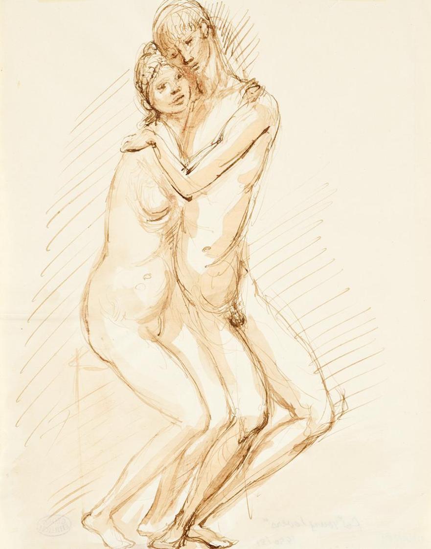 Georg Ehrlich, Studie für "Junge Liebende", 1950/1951, Feder in Braun, aquarelliert, 26,8 × 20, ...