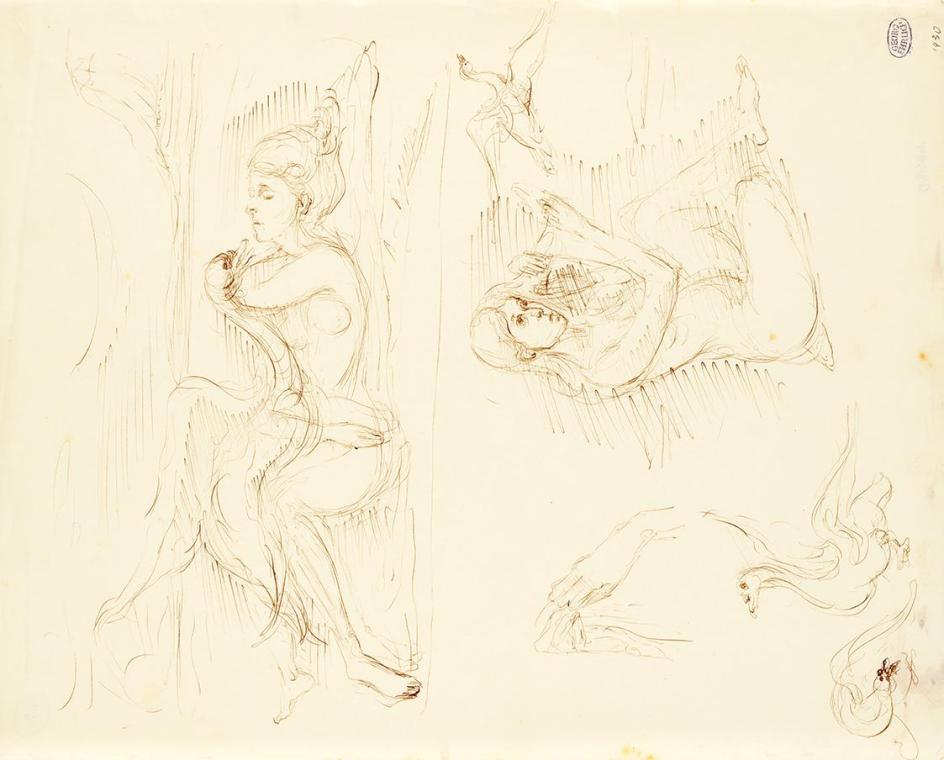 Georg Ehrlich, Leda und der Schwan (Studien), 1930, Feder in Braun, 41,2 × 33 cm, Belvedere, Wi ...