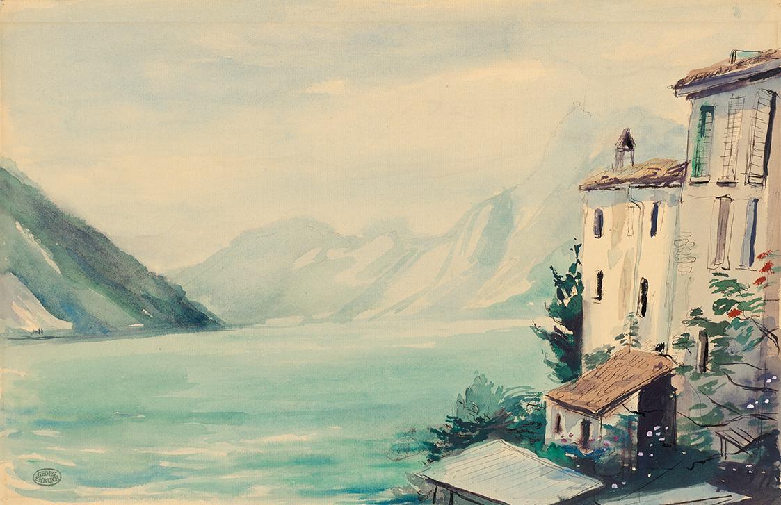 Georg Ehrlich, Häuser an einem Bergsee, Aquarell, Blattmaße: 31 × 47,5 cm, Belvedere, Wien, Inv ...