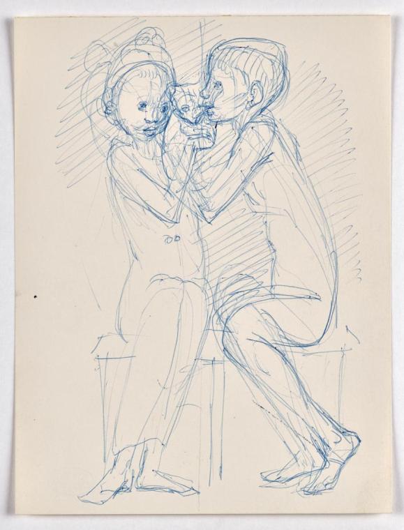 Georg Ehrlich, Zwei sitzende Kinder mit Baby, undatiert, Kugelschreiber auf Papier, Blattmaße:  ...