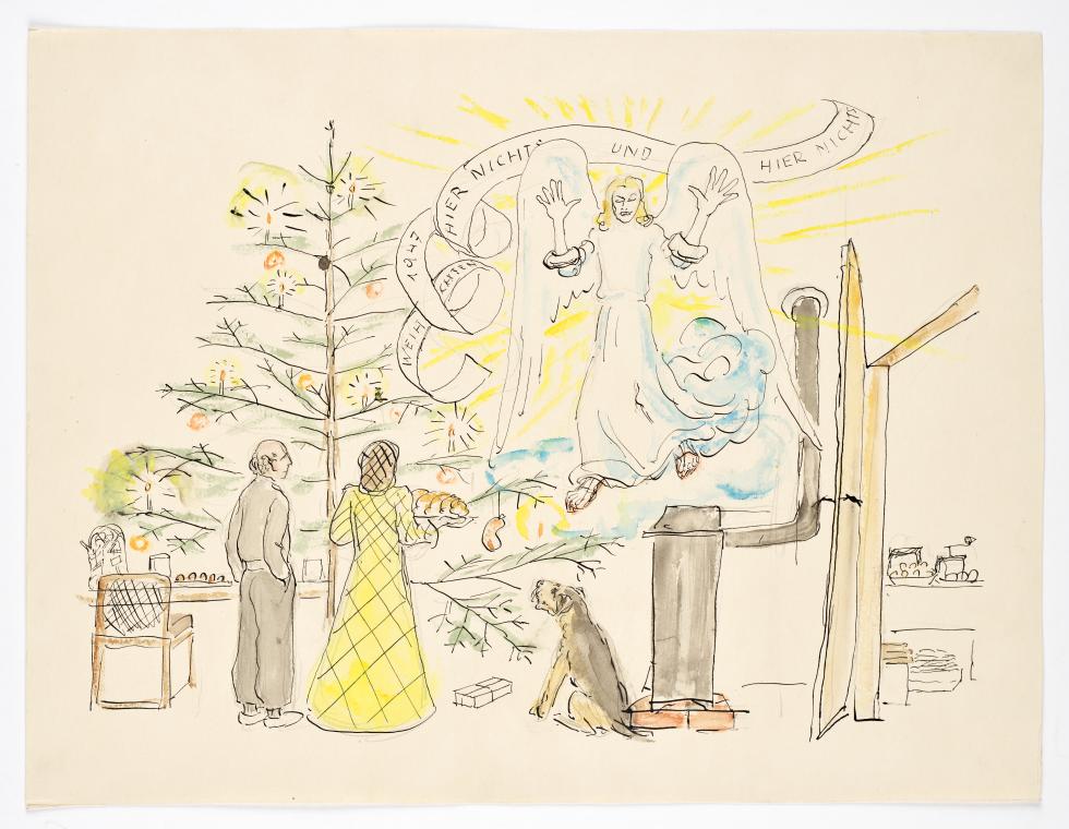 Walther Gamerith, Weihnachten, 1947, Aquarell, Feder in Schwarz auf Papier, 30,5 × 40 cm, Belve ...