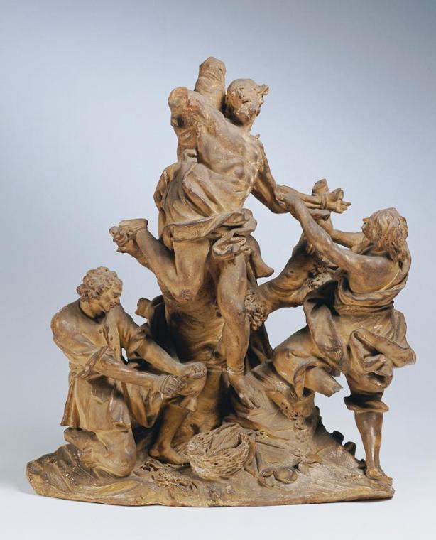 Unbekannter Künstler, Die Schindung des heiligen Bartholomäus, um 1740, Terrakotta, H: 40 cm, B ...