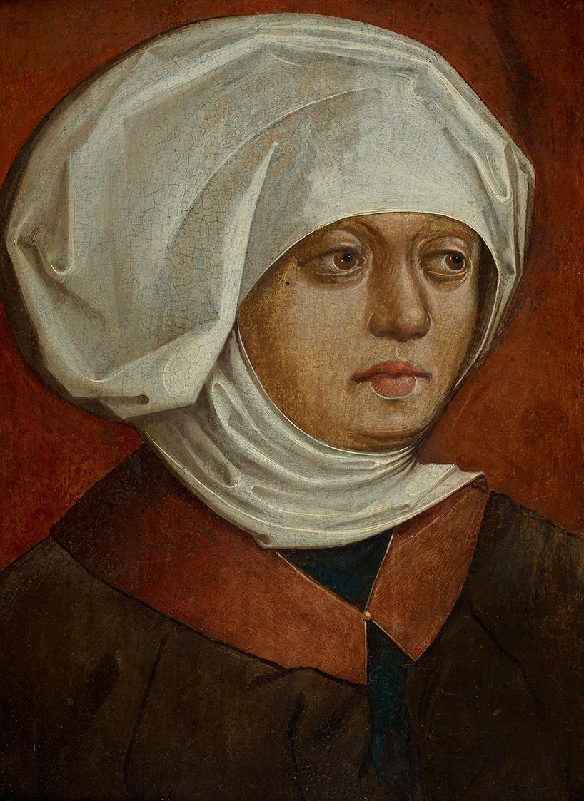 Meister des Albrechtsaltars, Kopf einer Heiligen, um 1440, Malerei auf Holz, 29,2 × 20,8 × 0,8  ...