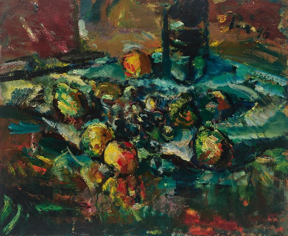 Hans Robert Pippal, Stillleben mit Früchten, 1946, Öl auf Platte, ungerahmt: 53,2 × 65,2 cm, Be ...