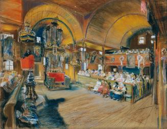 Ludwig Michalek, Inneres einer Dorfkirche, um 1900, Pastell auf braunem Karton, 48 x 62 cm, Bel ...
