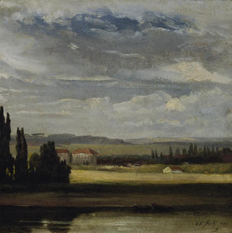 Johan Christian Claussen Dahl, Landschaftsblick mit hohem Wolkenhimmel, 1828, Öl auf Karton, 22 ...