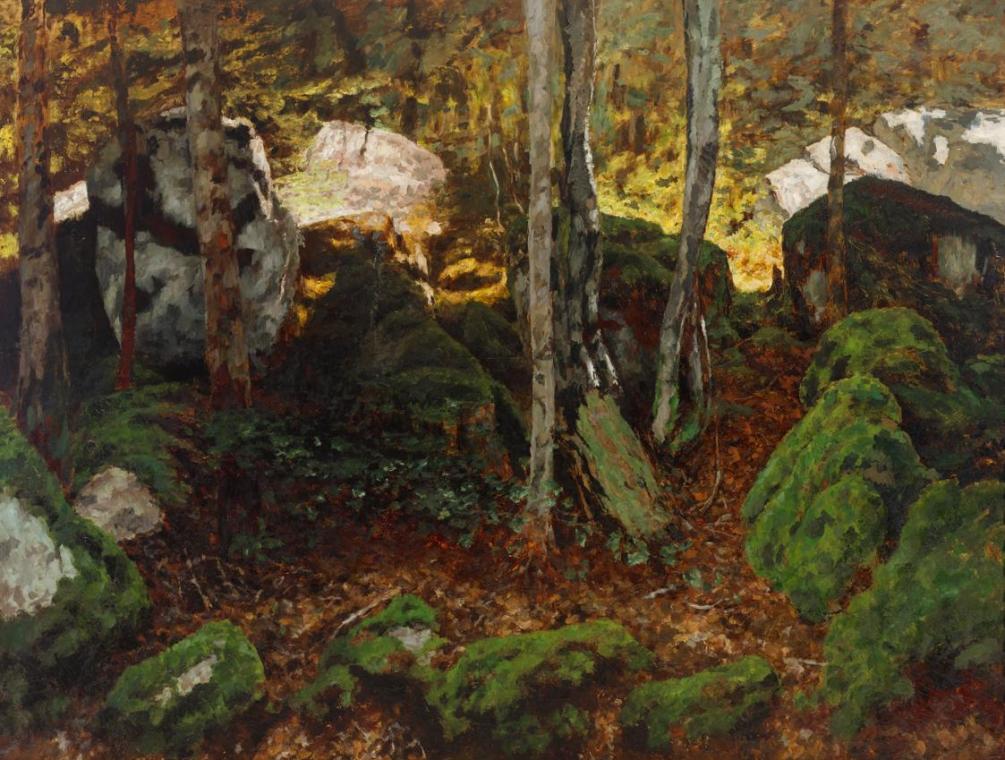 Carl Schuch, Waldinneres bei Saut du Doubs, um 1887, Öl auf Leinwand, 150 x 200 cm, Belvedere,  ...