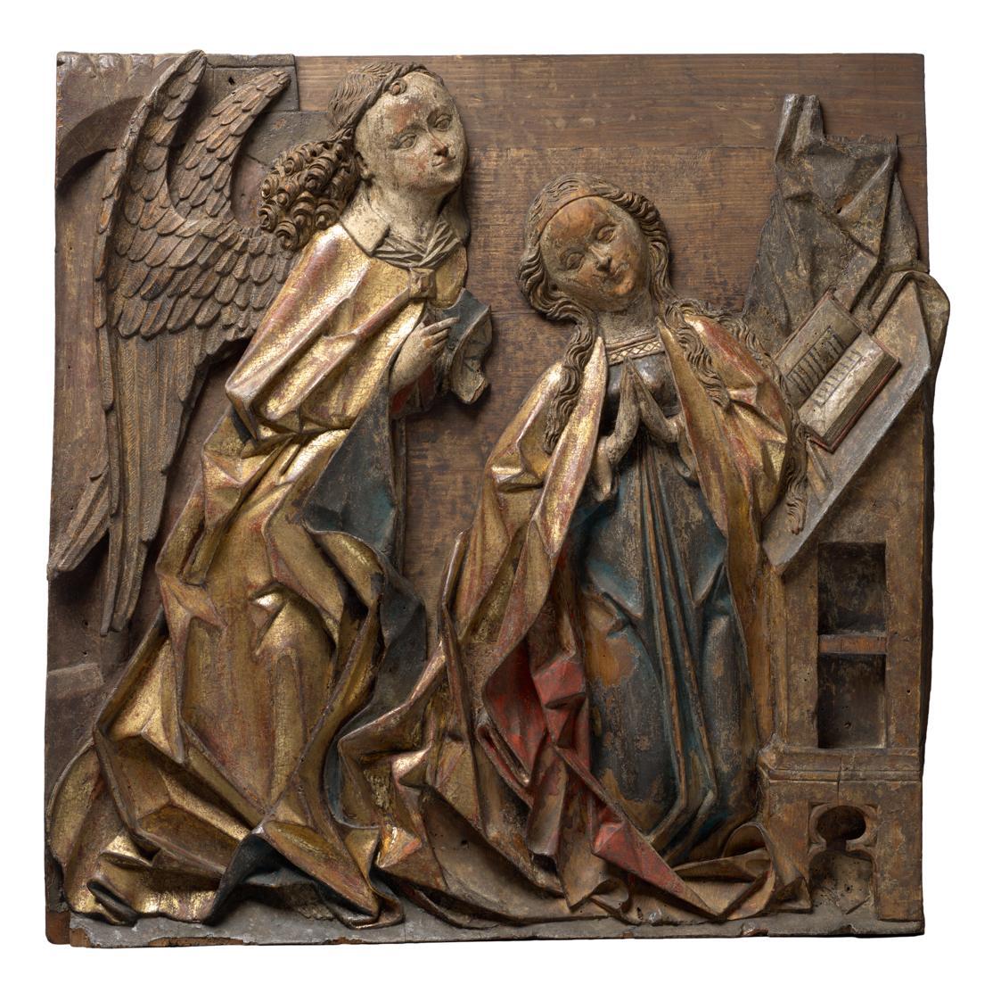 Hans Klocker, Verkündigung an Maria, um 1490/1500, Zirbenholz mit Resten alter Fassung und Verg ...
