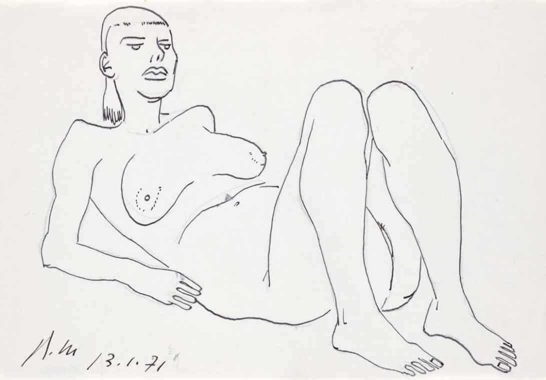 Paul Meissner, Liegender weiblicher Akt, 1971, Tusche, Bleistift auf Papier, 21 × 29,9 cm, Belv ...
