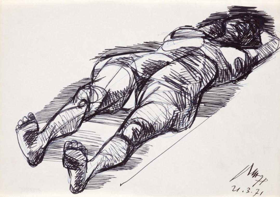 Paul Meissner, Liegender weiblicher Akt, 1971, Tusche, Kugelschreiber auf Papier, 21,2 × 29,8 c ...