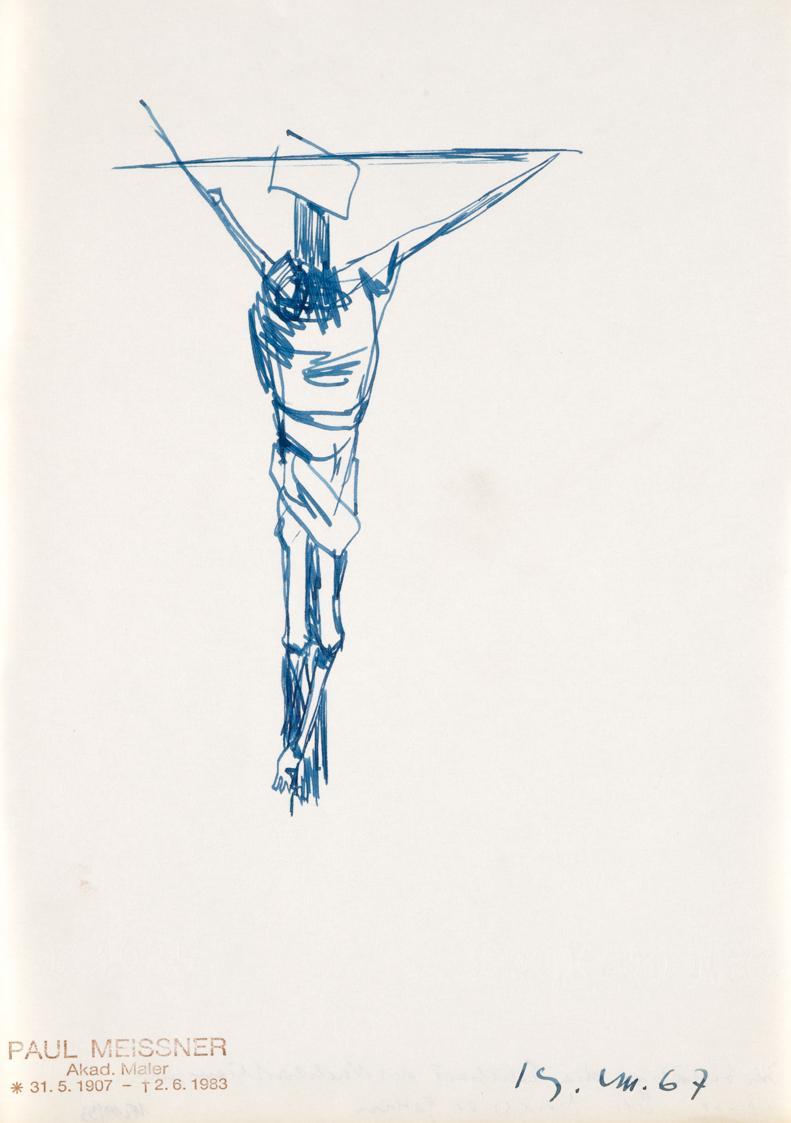 Paul Meissner, Gekreuzigter, 1967, Tusche, 29,8 × 21,2 cm, Belvedere, Wien, Inv.-Nr. 11219/33
