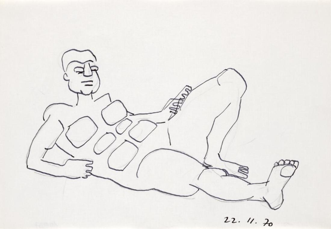 Paul Meissner, Liegender männlicher  Akt, 1970, Tusche, Bleistift auf Papier, 21 × 29,9 cm, Bel ...