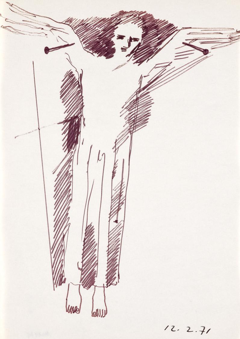 Paul Meissner, Gekreuzigter, 1971, Filzstift, Tusche auf Papier, 30 × 21,2 cm, Belvedere, Wien, ...