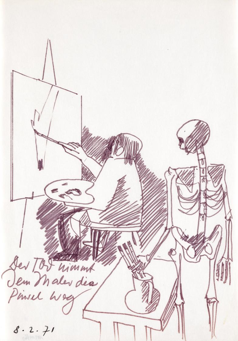 Paul Meissner, Der Tod nimmt dem Maler die Pinsel weg, 1971, Filzstift auf Papier, 29,9 × 21,2  ...