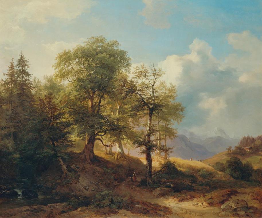 Joseph (Martin) Höger, Sommerlandschaft im Hochgebirge, 1856, Öl auf Leinwand, 79,5 x 95 cm, Be ...