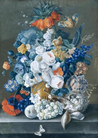 Unbekannter Künstler, Blumenstück mit Früchten, Vogelnest und Schmetterlingen, 19. Jahrhundert, ...