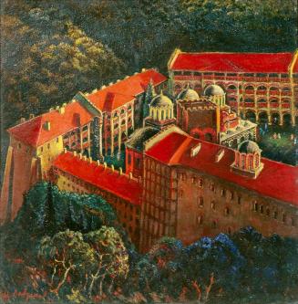 Zanko Lawrenow, Die roten Dächer (Rila-Kloster), 1961, Öl auf Holz, 56 x 55 cm, Belvedere, Wien ...