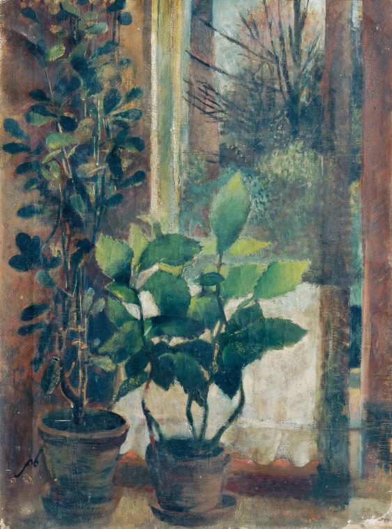 Friedl Dicker-Brandeis, Fenster mit Blumen, um 1940, Öl auf Leinwand, 70 × 52 cm, Belvedere, Wi ...