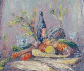 Wilhelm Heinisch, Stillleben mit blauer Flasche, Obst und Gemüse, undatiert, Öl auf Leinwand au ...