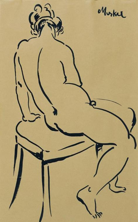 Georg Merkel, Sitzender weiblicher Rückenakt, undatiert, Tusche auf Papier, 45 x 28 cm, Belvede ...