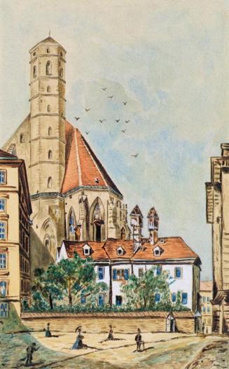 Emil Hütter, Die Minoritenkirche in Wien, undatiert, Aquarell auf Papier, 18,7 × 11,6 cm, Belve ...