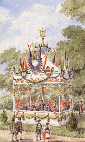 Gustav Korompay, Der Musikpavillion des Wiener Schützenfestes von 1898, 1898, Bleistift, Aquare ...