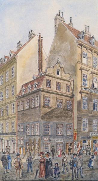 Gustav Korompay, Der Salzgries in Wien (Ecke Tiefer Graben), 1904, Aquarell auf Papier, 26,2 ×  ...