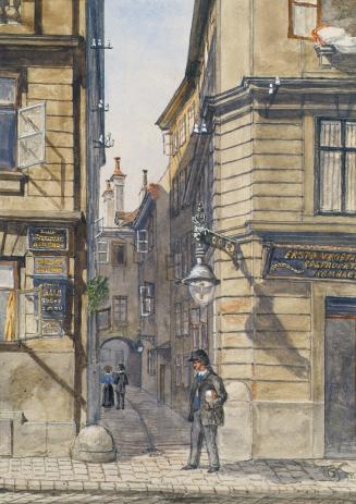 Gustav Korompay, Die Brunngasse mit dem ersten vegetarischen Restaurant in Wien, 1910, Aquarell ...