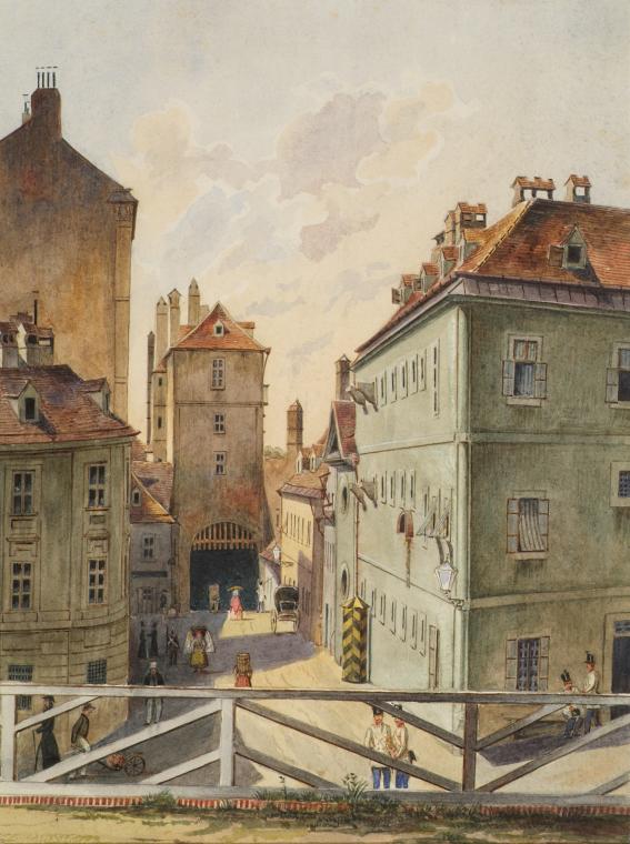 Heinrich Lang, Das Neutor mit dem Stockhaus in Wien, 1858, Aquarell auf Papier, 28,8 × 22 cm, B ...