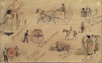 Moritz Ledeli, Wiener Typen 1883 (Skizzen von der Ringstraße), 1883, Feder laviert auf Papier,  ...