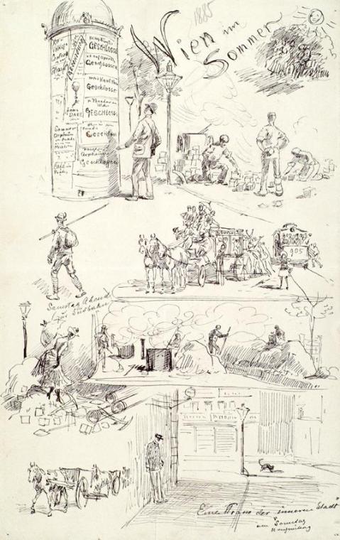 Moritz Ledeli, Wiener Typen 1885 (Wien im Sommer), 1885, Feder auf Papier, Belvedere, Wien, Inv ...