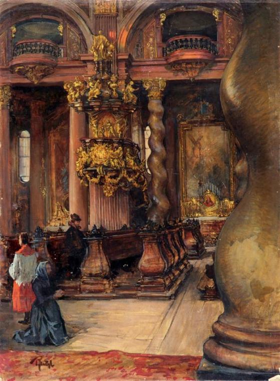 Alfred Edler von Pflügl, Das Innere der Universitätskirche in Wien, um 1900, Tempera, gefirnist ...