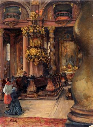 Alfred Edler von Pflügl, Das Innere der Universitätskirche in Wien, um 1900, Tempera, gefirnist ...