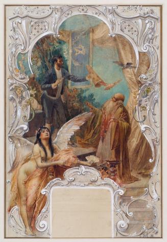 Eduard Veith, Taschenspieler (Entwurf für ein Wandgemälde im Varieté Ronacher, Wien), 1888, Aqu ...