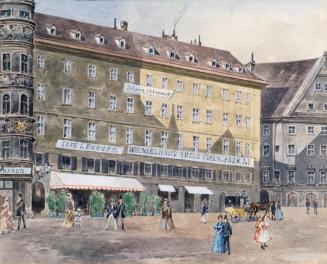 August Gerasch, Die ehemalige Brandstätte am Stephansplatz in Wien mit dem Cafè L'Europe, um 18 ...