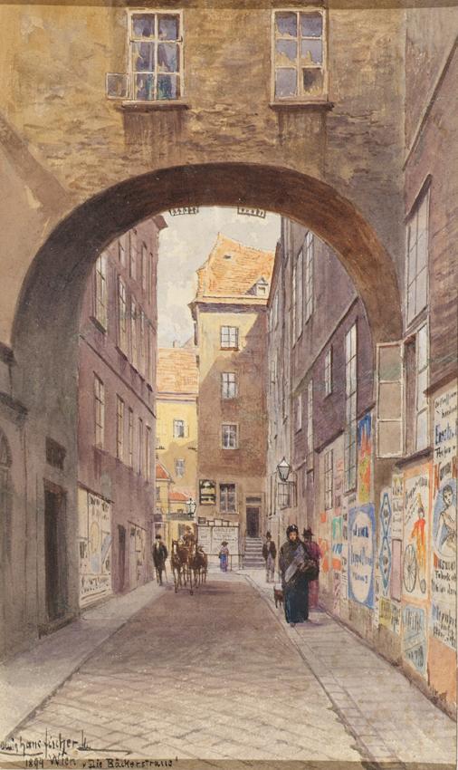 Hans Ludwig Fischer, Die Bäckerstraße in Wien, 1894, Aquarell auf Papier, 27,9 × 17,1 cm, Belve ...