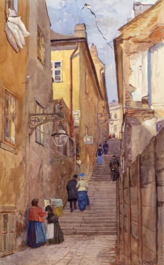 Ernst Graner, Die Bettlerstiege in Wien-Mariahilf, 1900, Aquarell auf Papier, 40,1 × 24,7 cm, B ...