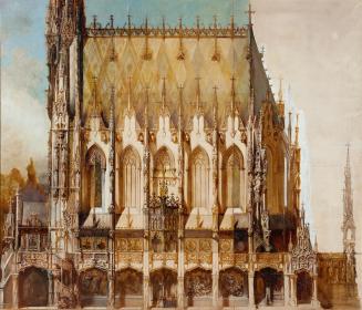 Hans Makart, Gotische Grabkirche St. Michael, Seitenansicht, 1883, Öl auf Leinwand mit collagie ...