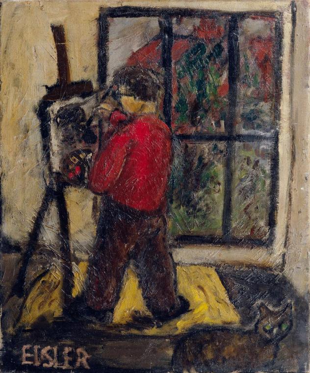 Georg Eisler, Selbstporträt mit Staffelei und Katze, 1944–1945, Öl auf Leinwand, 60,5 x 50,5 cm ...