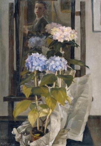 Wilhelm Traeger, Selbstbildnis mit Blumenstöcken, 1930, Öl auf Leinwand, 101 x 70,5 cm, Artothe ...