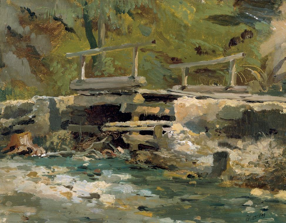 Anton Hansch, Bachbrücke, Öl auf Leinwand auf Karton, 24 x 31 cm, Belvedere, Wien, Inv.-Nr. 529 ...