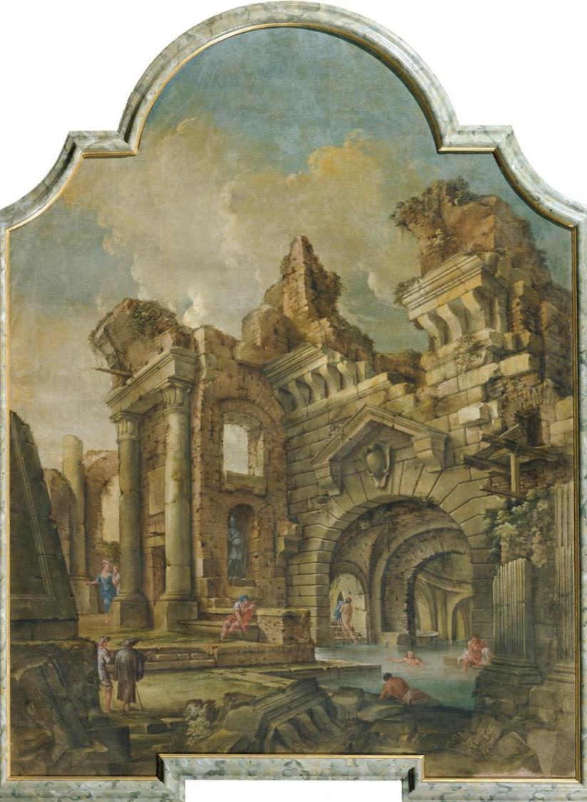 Marcantonio Chiarini, Ruinenlandschaft (Ruinen mit Badeszene), um 1716, Tempera auf Leinwand, D ...