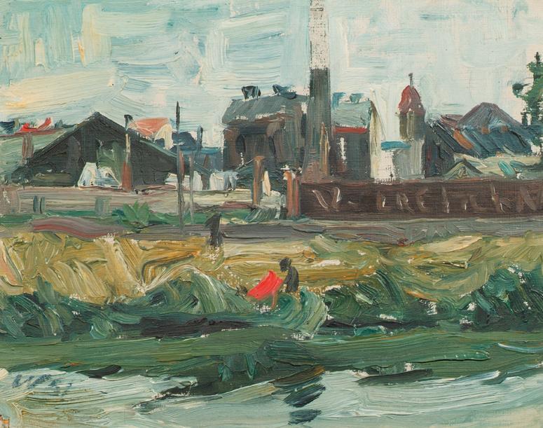 Clemens Walzel, Landschaft am Donaukanal, Öl auf Leinwand, 26 x 32 cm, Wien, Österreichische Ga ...