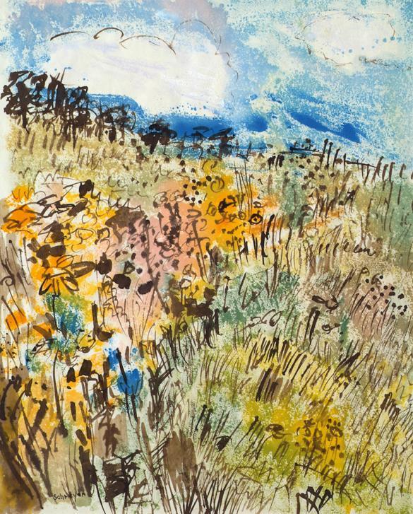 Greta Schreyer-Loebl, Herbstliches Wiesenfeld, 1966-1967, Aquarell, Tusche auf Papier, 59,5 x 4 ...