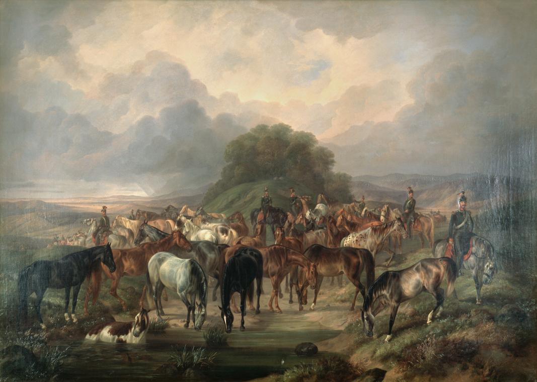 Otto Stotz, Von Ulanen geführter Transport, um 1840, Öl auf Leinwand, 110 × 150 cm, Belvedere,  ...